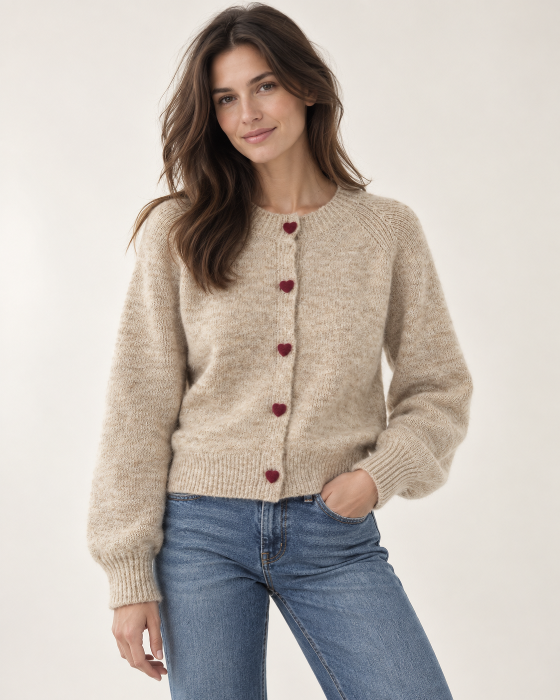 Apricot Fine Knit Cardigan with Heart Buttons