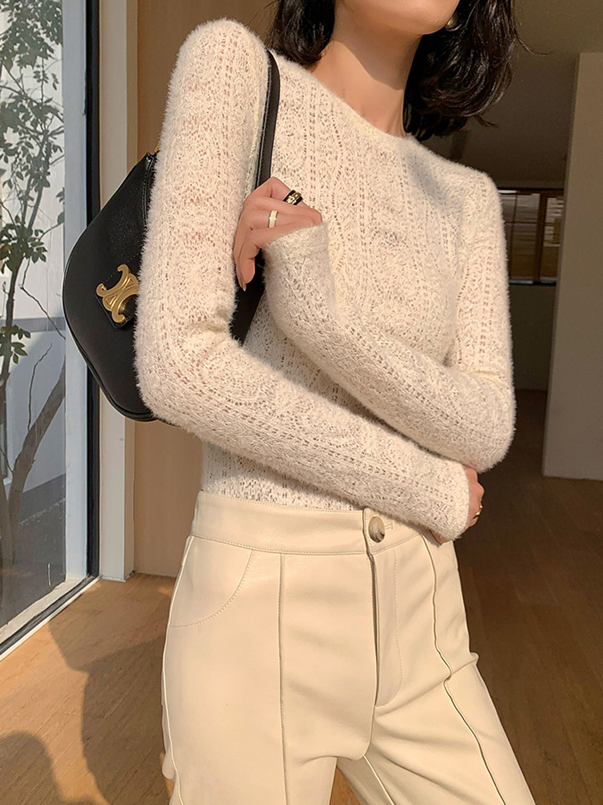 Apricot Floral Pointelle Knit Crew Neck Long Sleeve Top