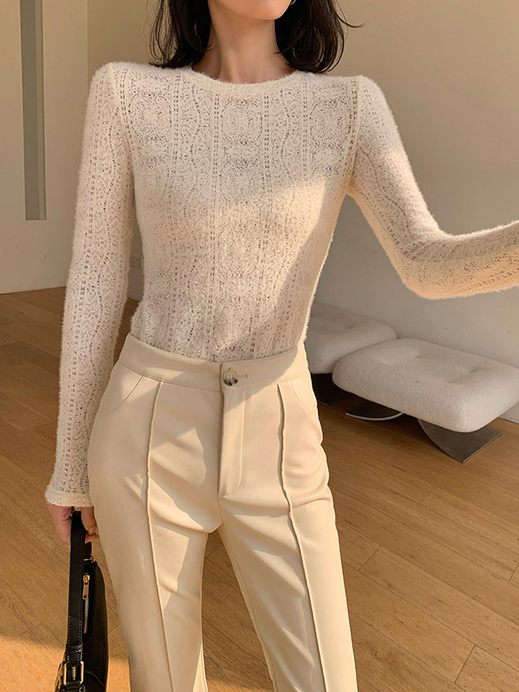 Apricot Floral Pointelle Knit Crew Neck Long Sleeve Top