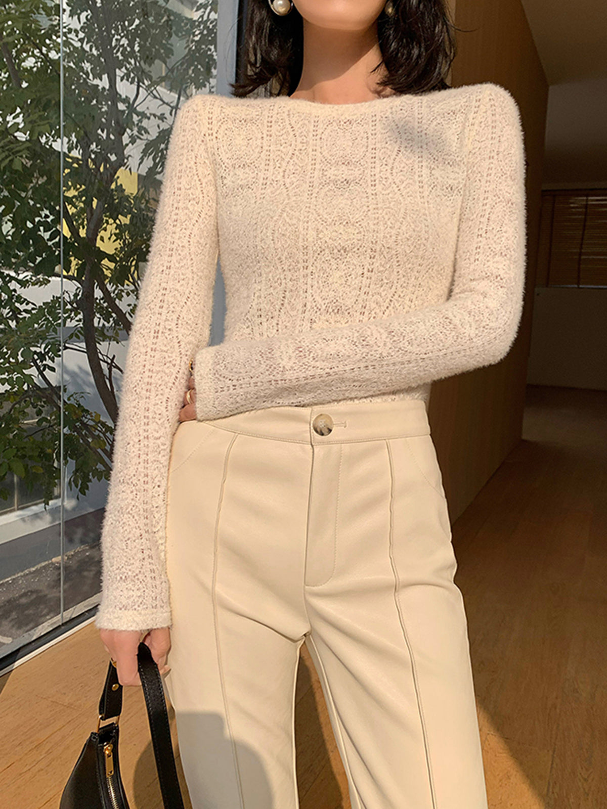 Apricot Floral Pointelle Knit Crew Neck Long Sleeve Top