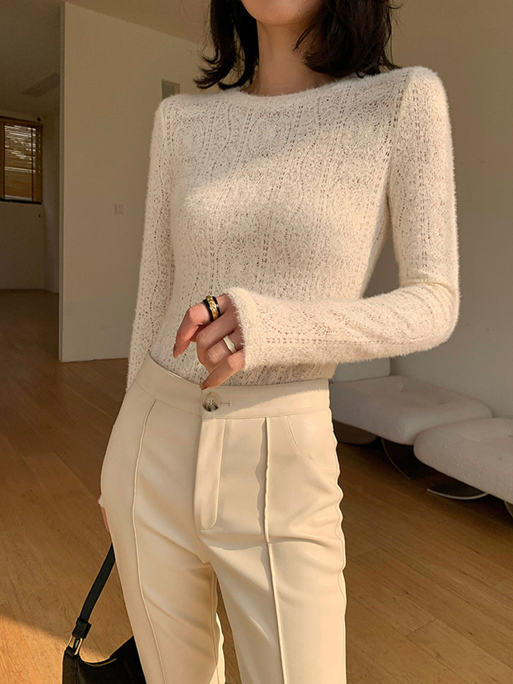 Apricot Floral Pointelle Knit Crew Neck Long Sleeve Top