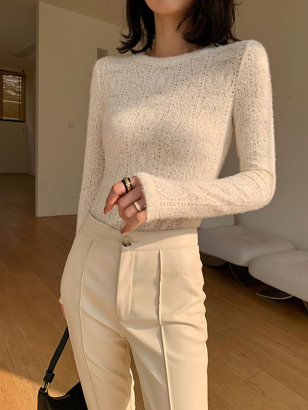 Apricot Floral Pointelle Knit Crew Neck Long Sleeve Top