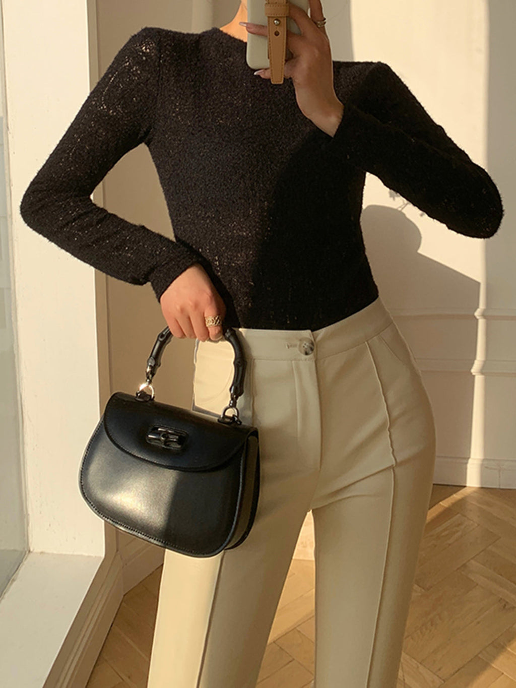 Apricot Floral Pointelle Knit Crew Neck Long Sleeve Top