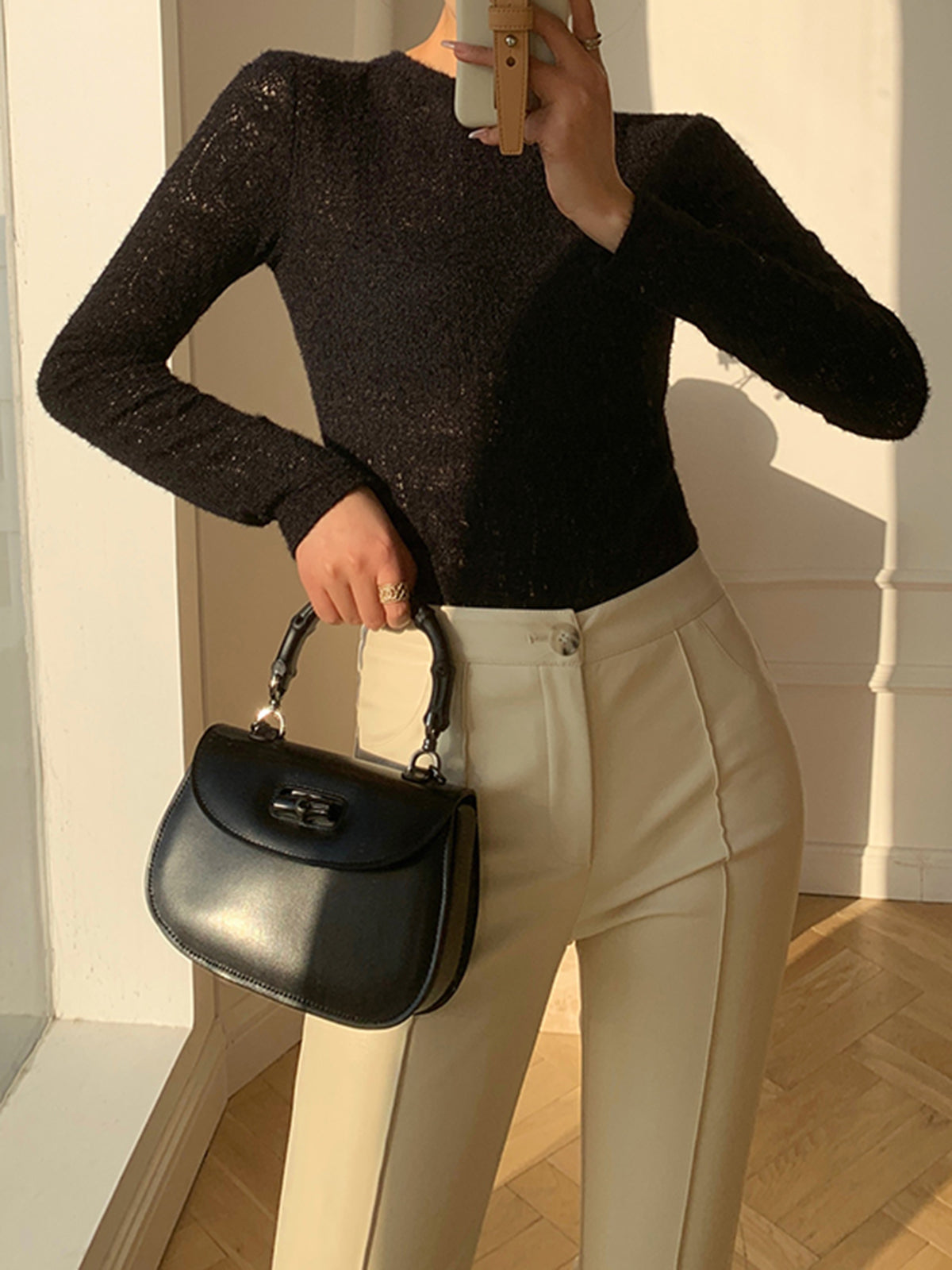 Apricot Floral Pointelle Knit Crew Neck Long Sleeve Top
