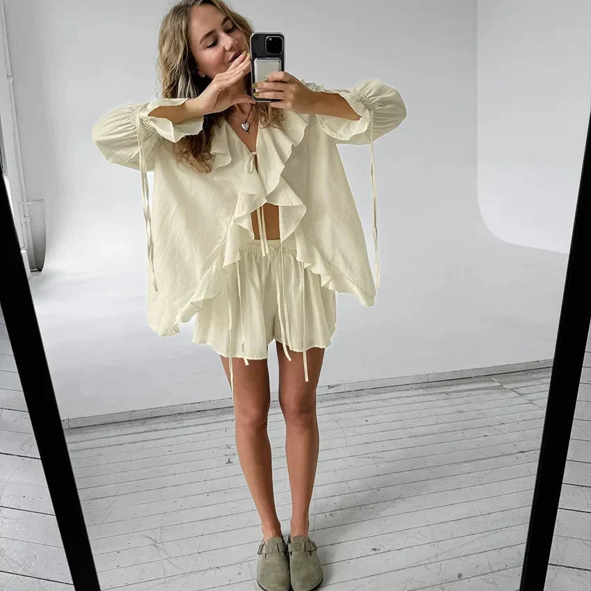Apricot Ruffle Tie Front Top and Shorts Set