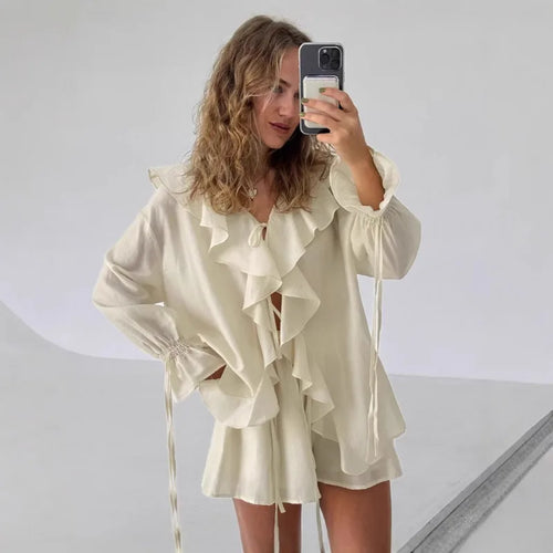Apricot Ruffle Tie Front Top and Shorts Set