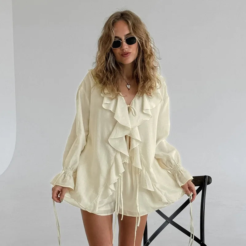Apricot Ruffle Tie Front Top and Shorts Set