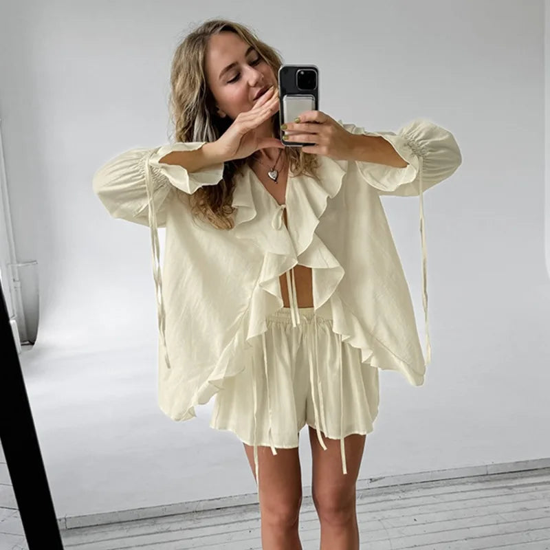 Apricot Ruffle Tie Front Top and Shorts Set