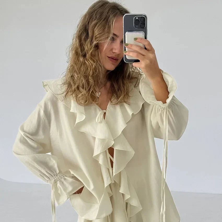 Apricot Ruffle Tie Front Top and Shorts Set