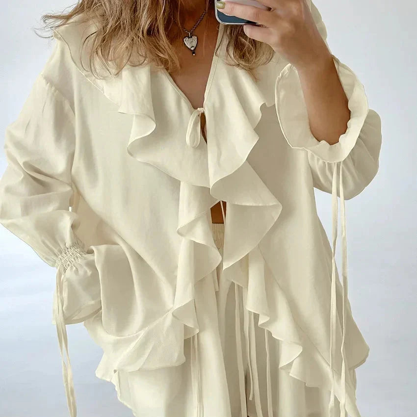 Apricot Ruffle Tie Front Top and Shorts Set
