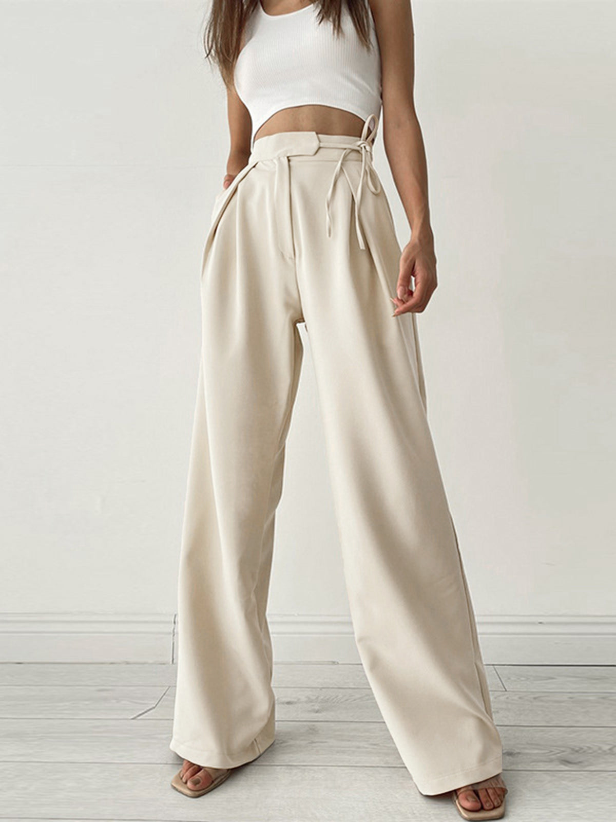 Apricot Wide Leg Palazzo Pants with Tie Waist