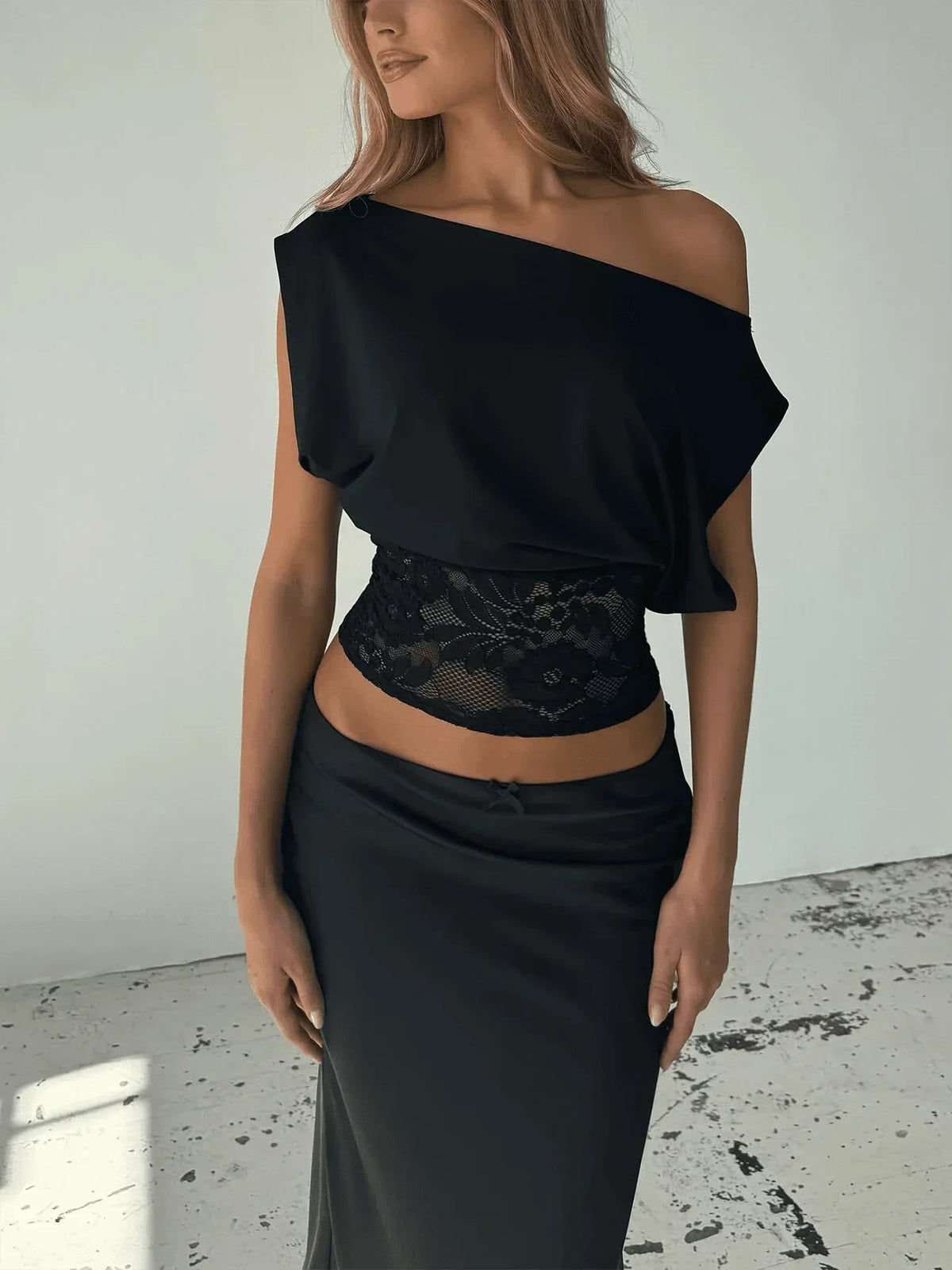 Asymmetric One Shoulder Lace Patchwork Top