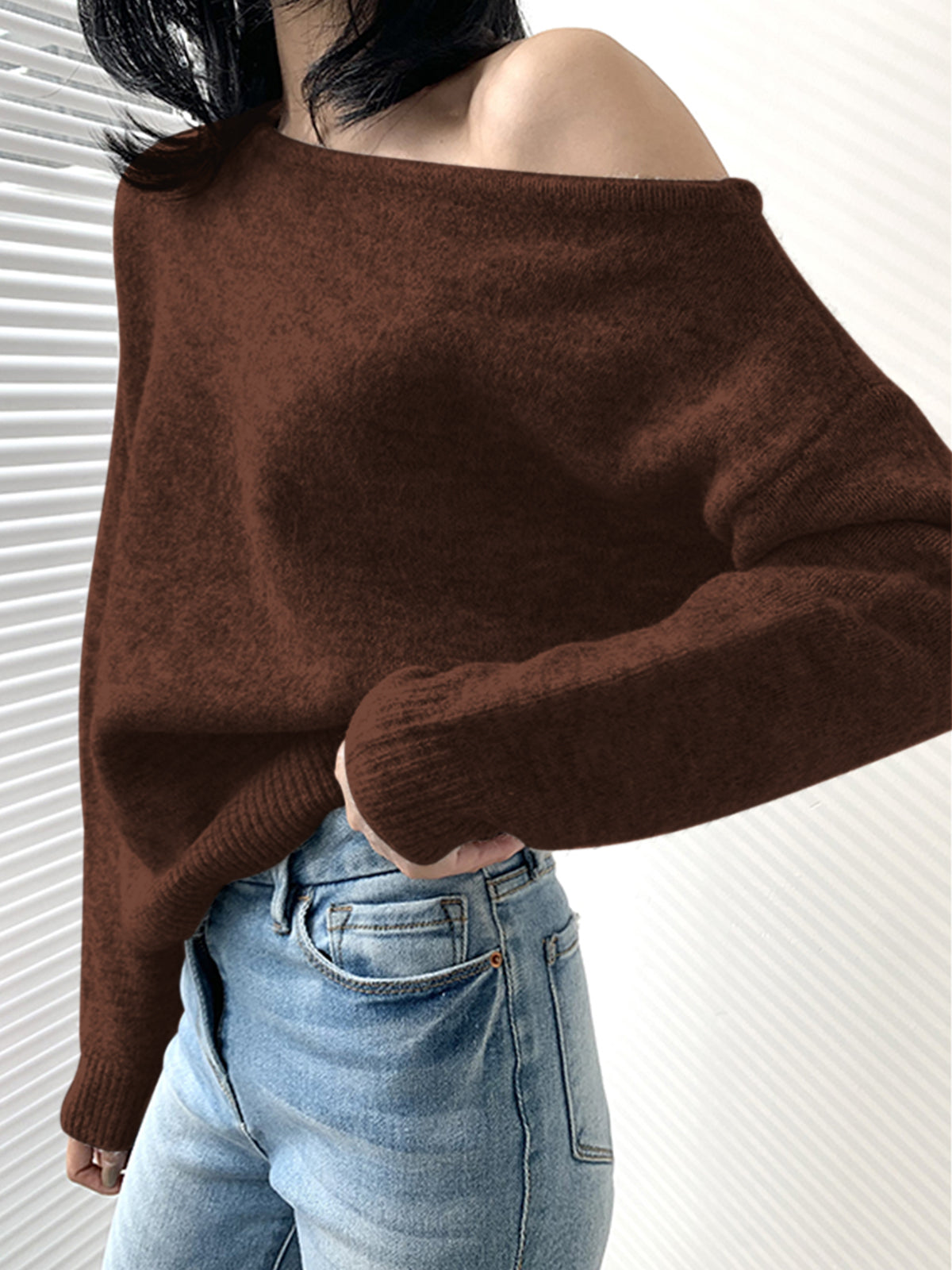 Asymmetric One Shoulder Long Sleeve Knit Sweater