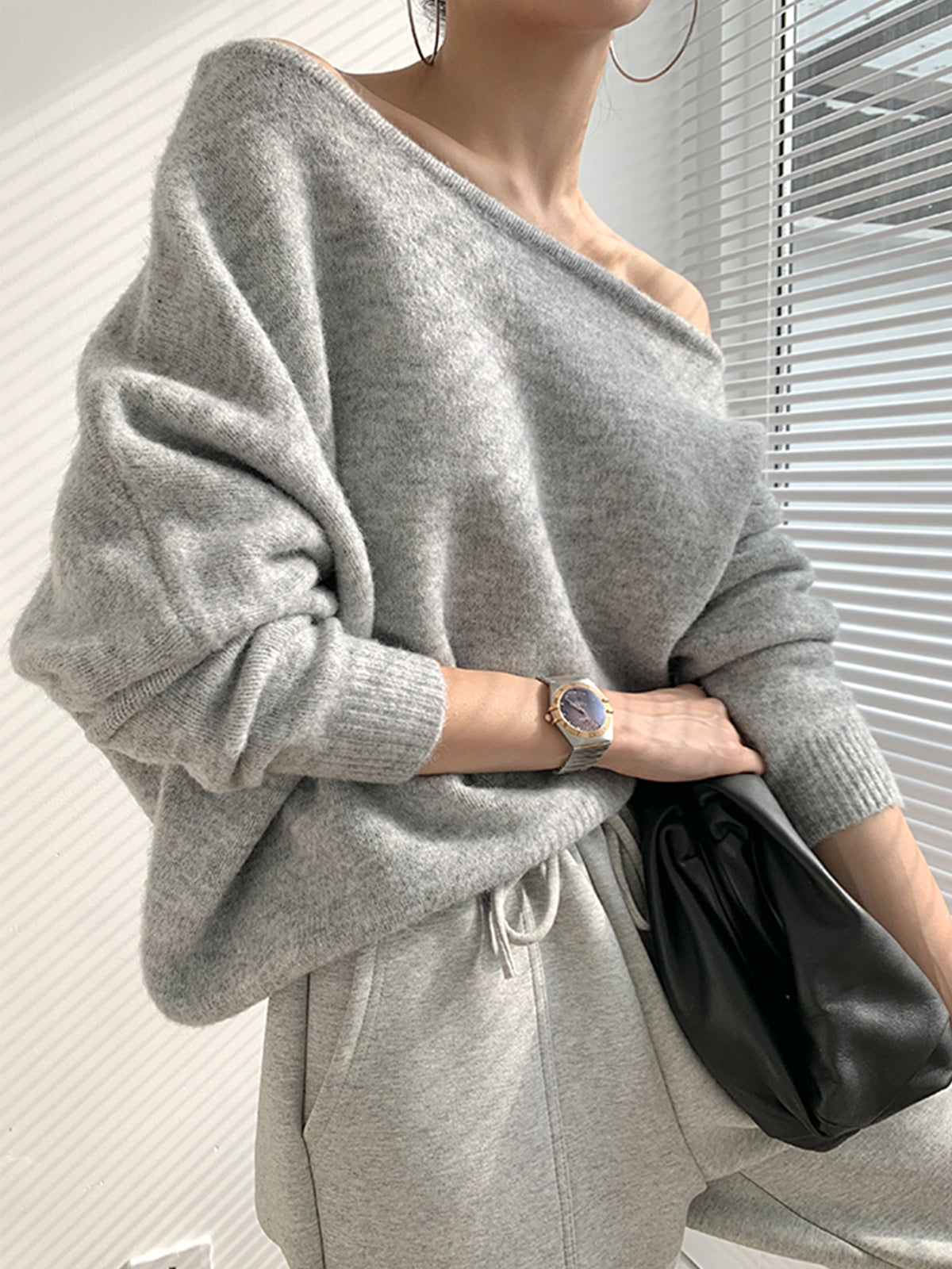 Asymmetric One Shoulder Long Sleeve Knit Sweater