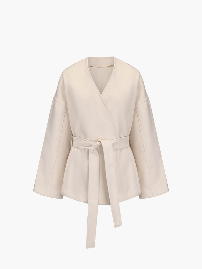Beige Faux Wool Wrap Cardigan with Belted Waist