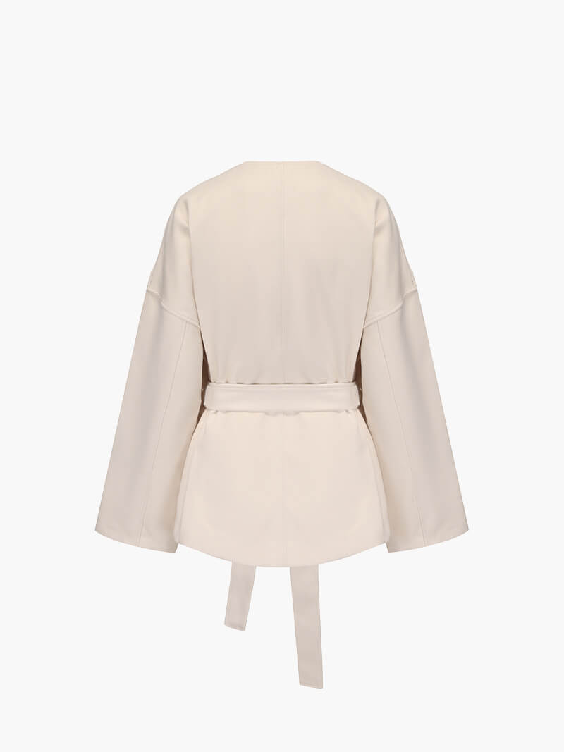 Beige Faux Wool Wrap Cardigan with Belted Waist