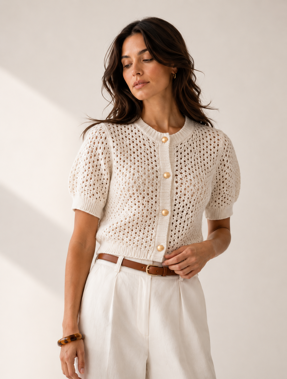 Beige Fitted Short Sleeve Button Front Knit Cardigan
