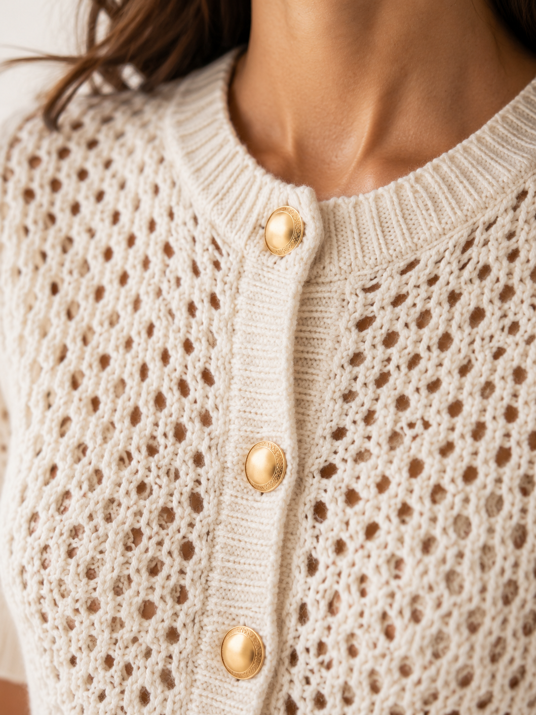 Beige Fitted Short Sleeve Button Front Knit Cardigan