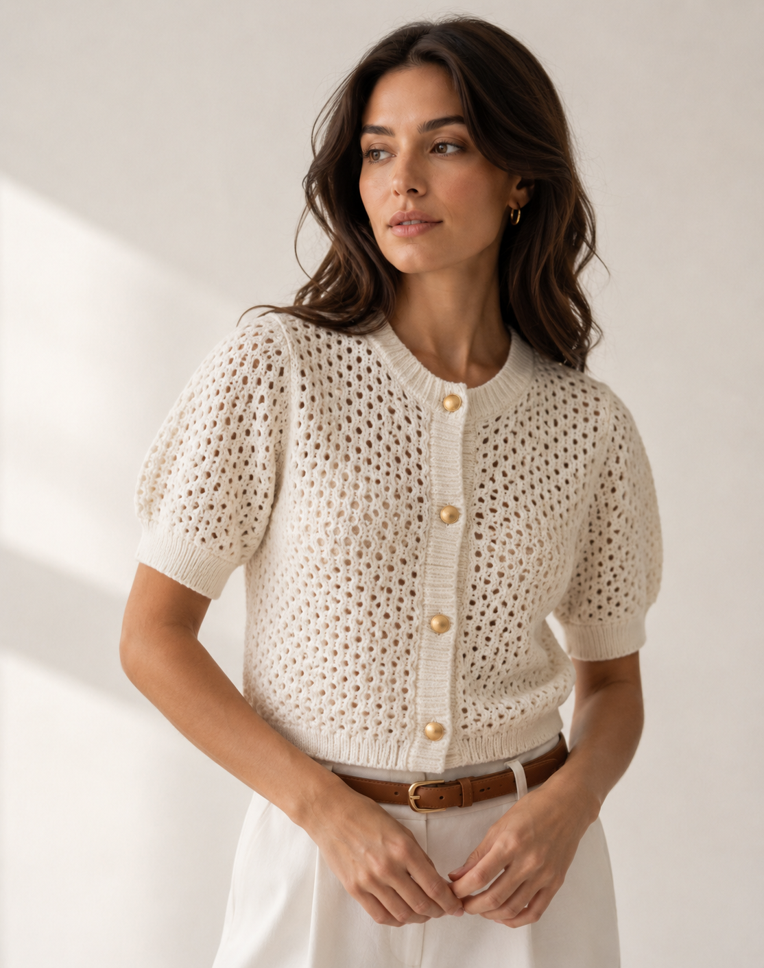 Beige Fitted Short Sleeve Button Front Knit Cardigan