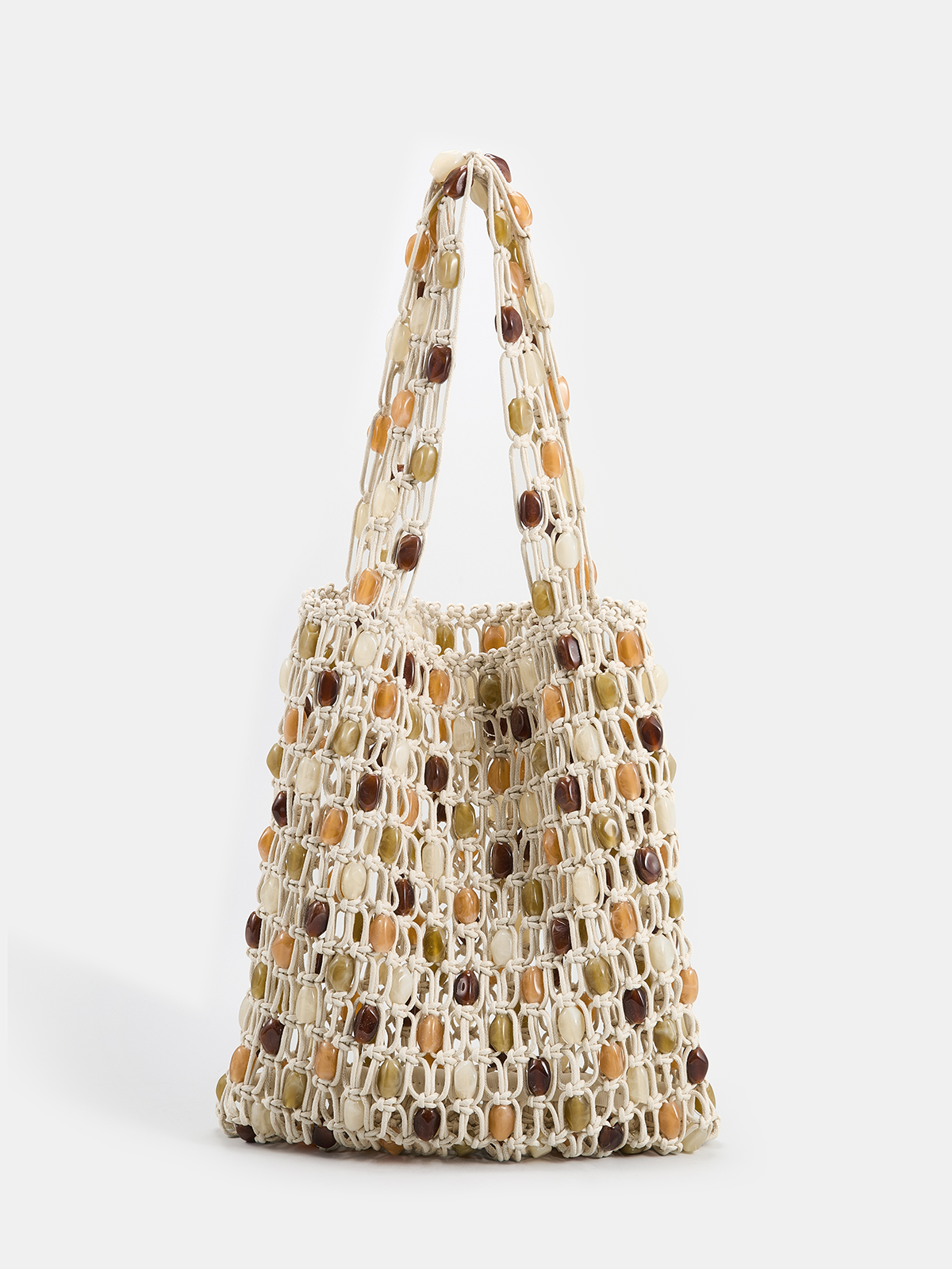 Beige Handwoven Beaded Shoulder Bag