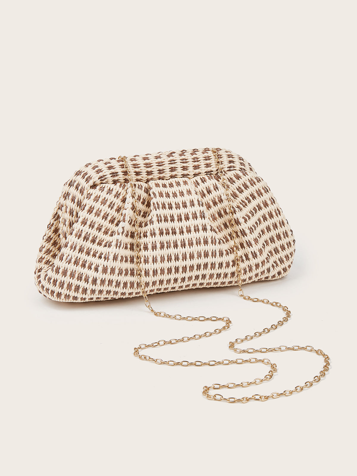 Beige Houndstooth Ruched Clutch