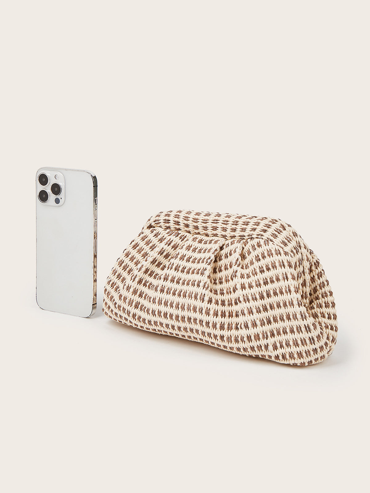 Beige Houndstooth Ruched Clutch