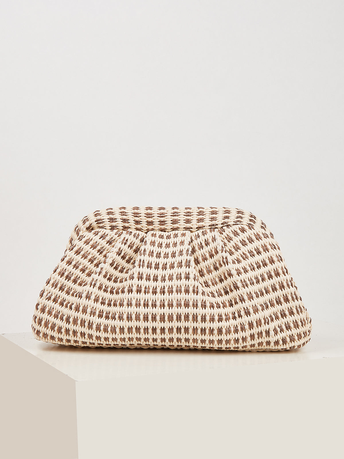 Beige Houndstooth Ruched Clutch