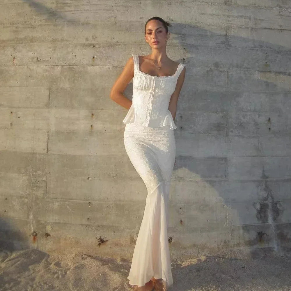 Beige Lace-Up Corset Top and Mermaid Maxi Skirt Set