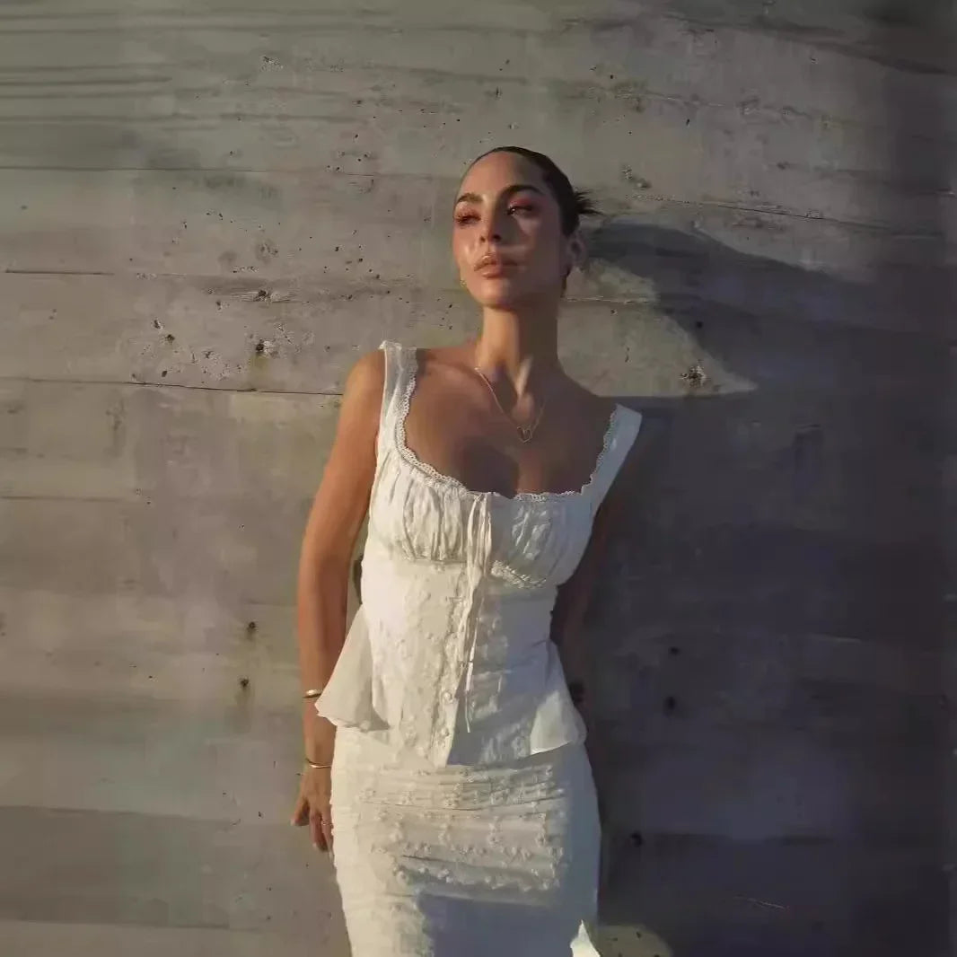 Beige Lace-Up Corset Top and Mermaid Maxi Skirt Set
