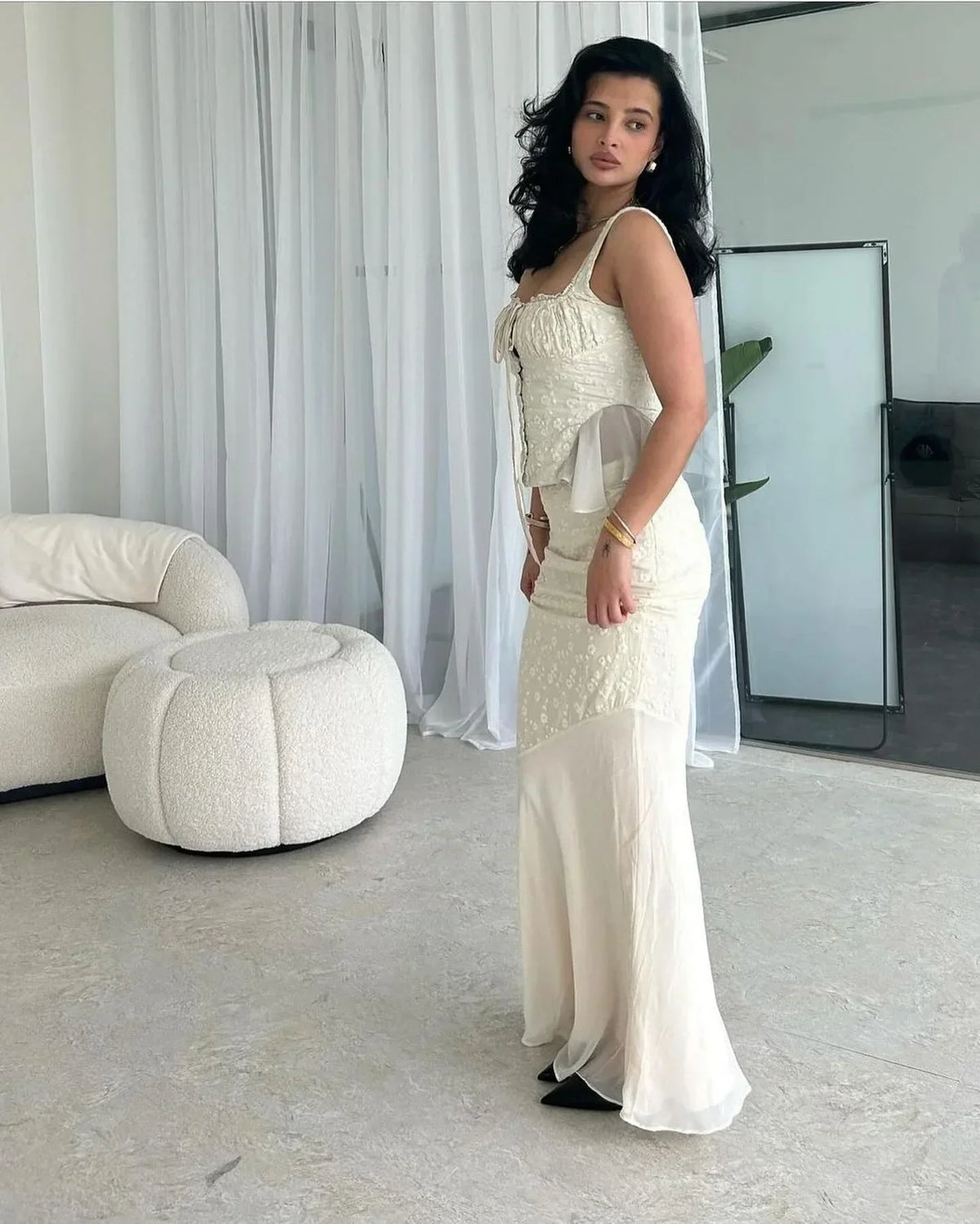 Beige Lace-Up Corset Top and Mermaid Maxi Skirt Set