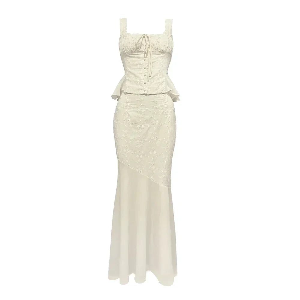 Beige Lace-Up Corset Top and Mermaid Maxi Skirt Set