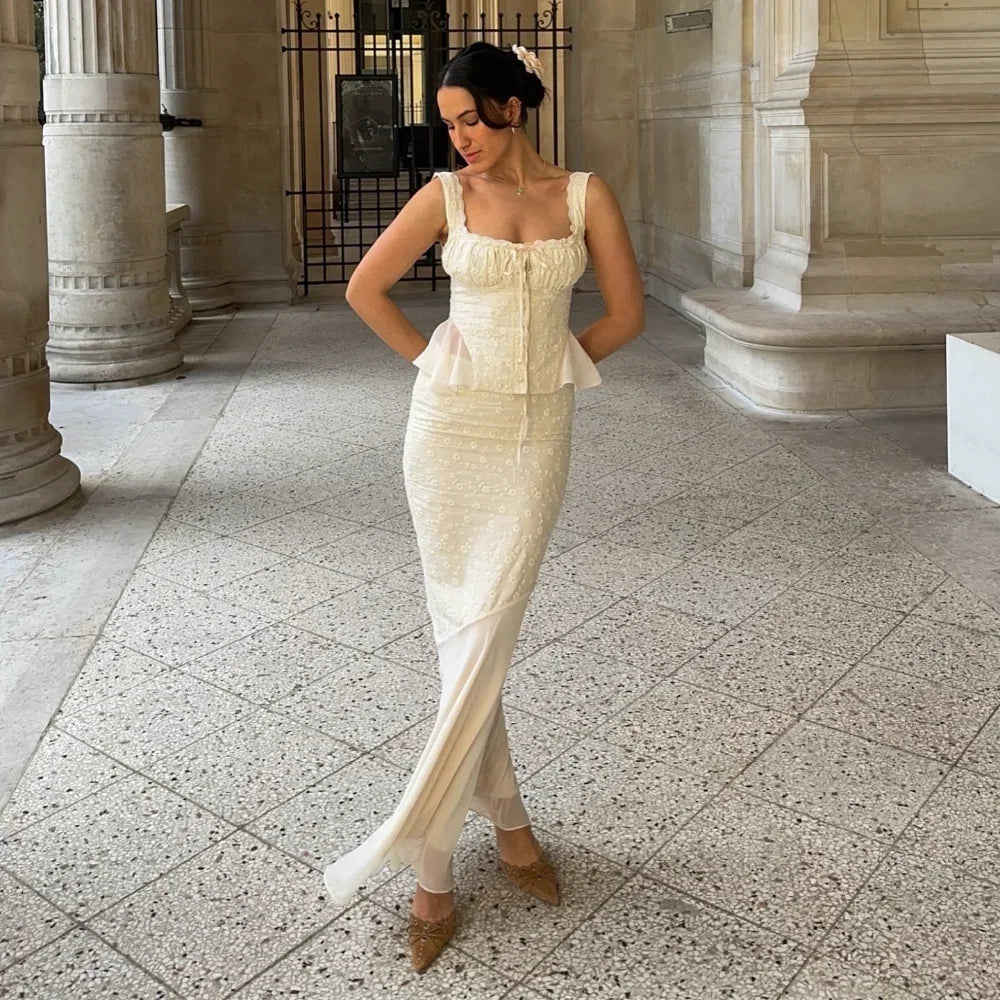 Beige Lace-Up Corset Top and Mermaid Maxi Skirt Set