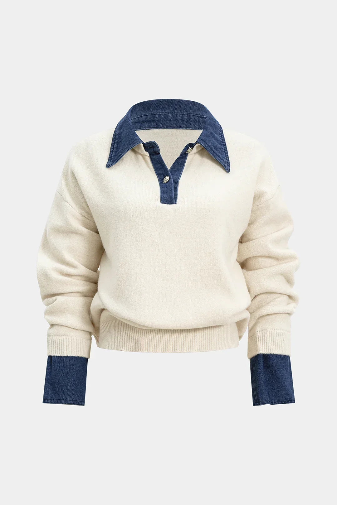 Beige Patchwork Turtleneck Knit Sweater