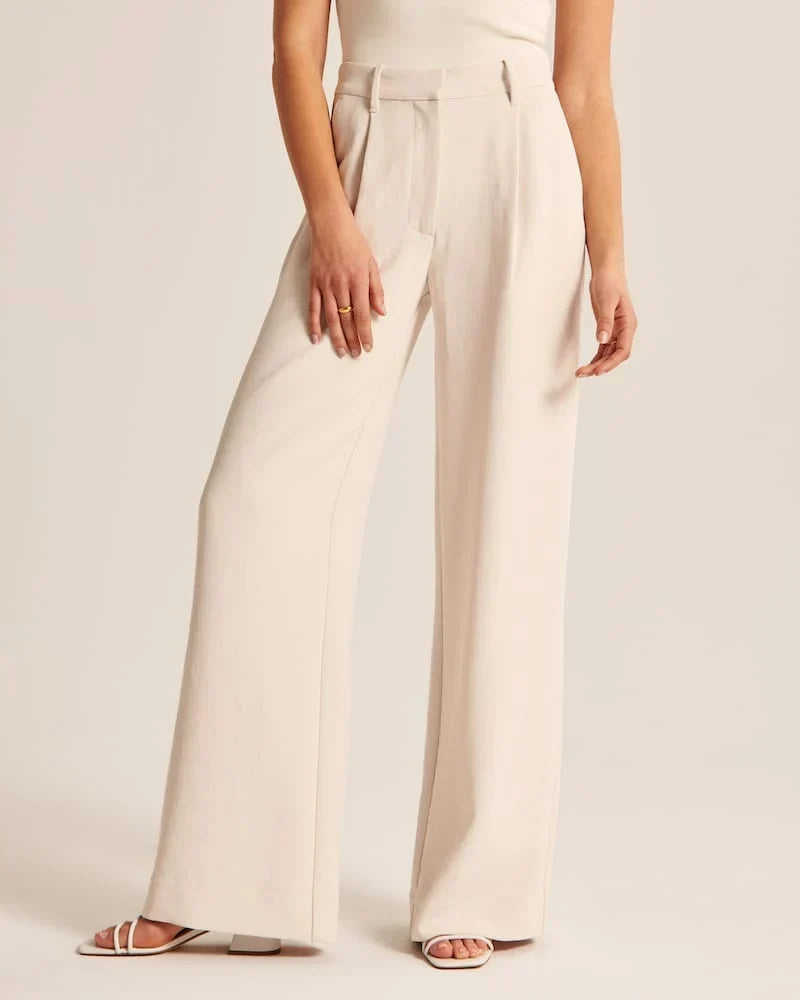 Beige Pleated Wide Leg Trousers