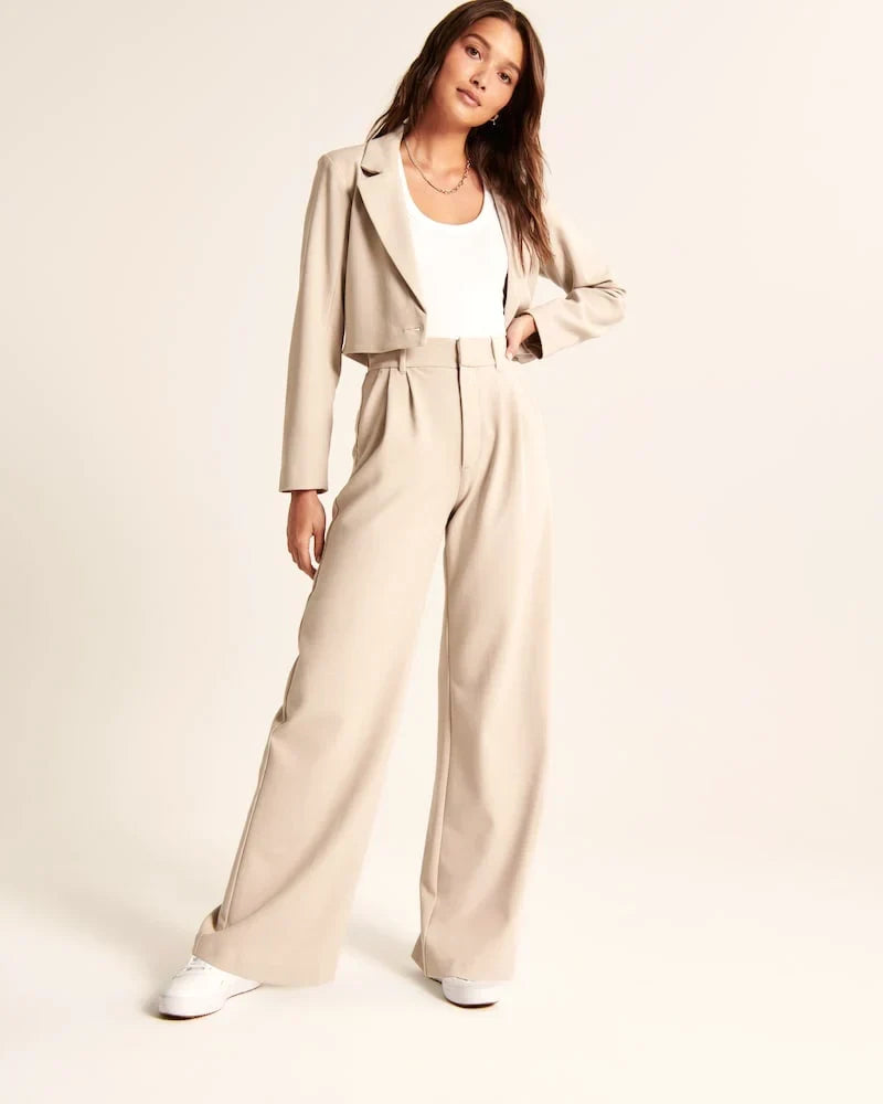 Beige Pleated Wide Leg Trousers