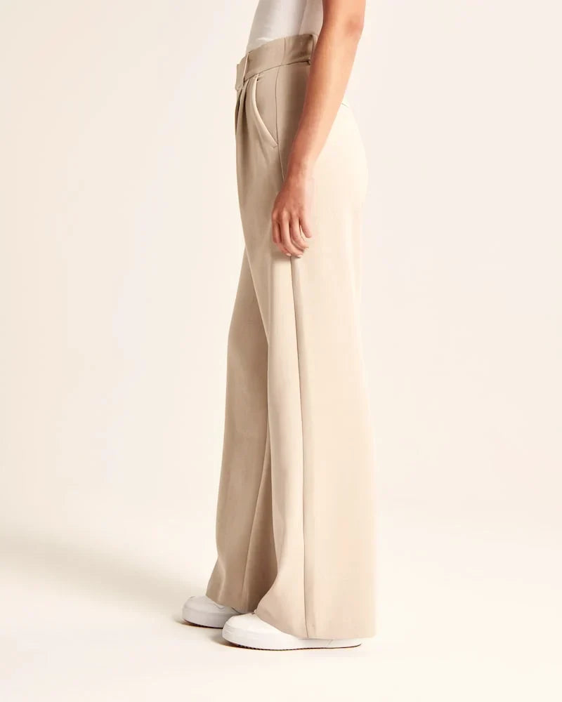 Beige Pleated Wide Leg Trousers