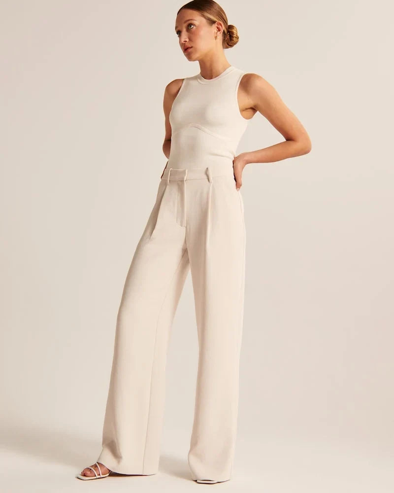 Beige Pleated Wide Leg Trousers