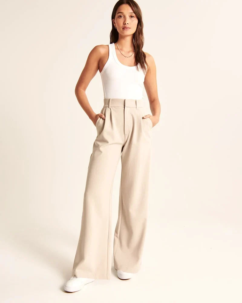Beige Pleated Wide Leg Trousers