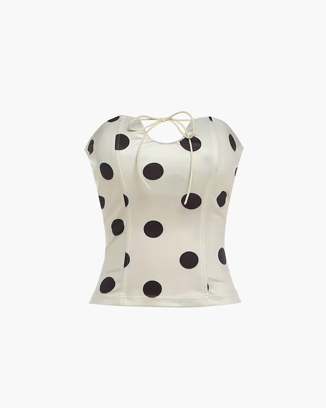 Beige Polka Dot Strapless Crop Top with Lace-Up Back