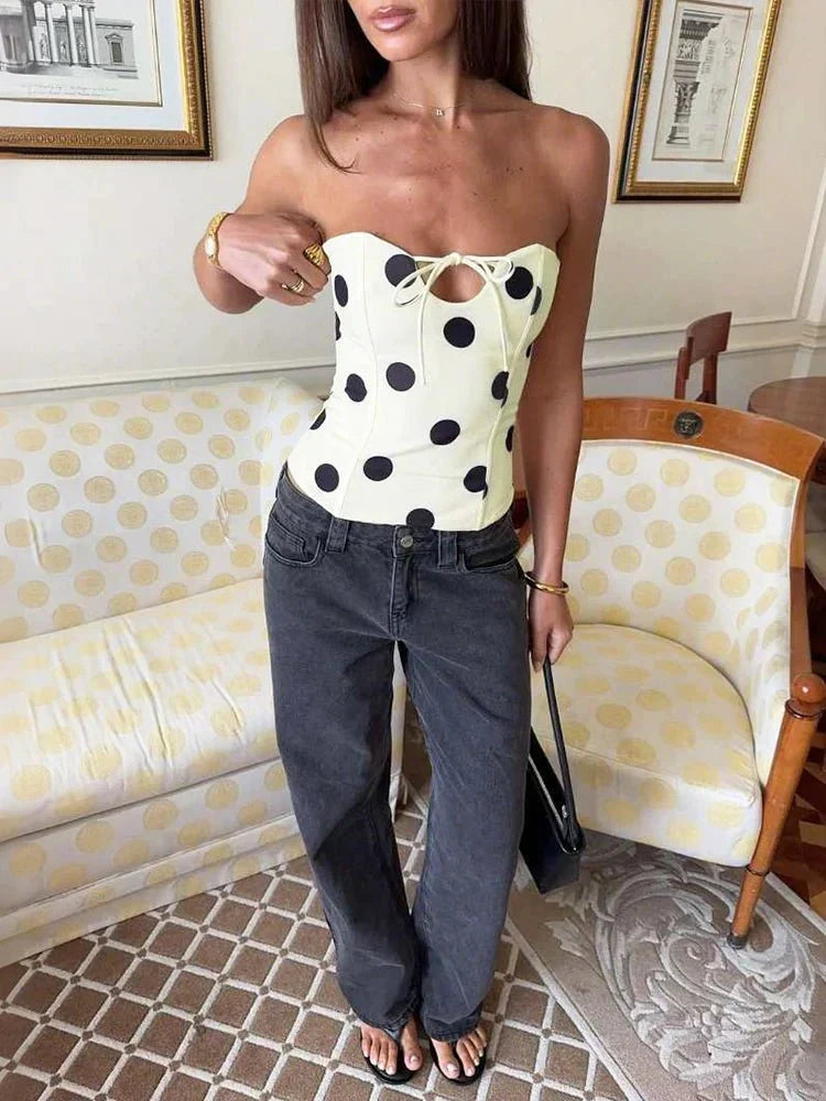 Beige Polka Dot Strapless Crop Top with Lace-Up Back