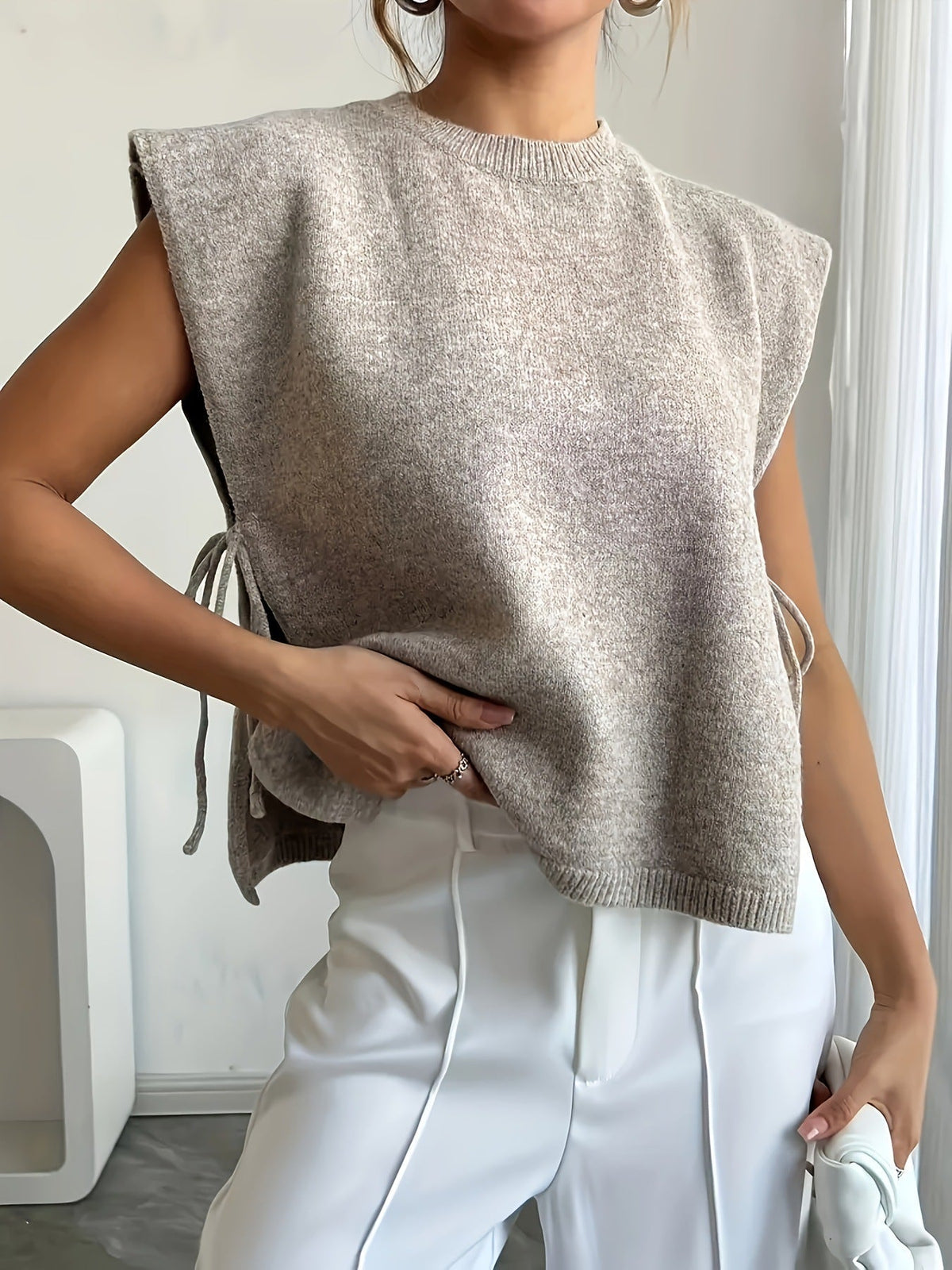 Beige Ribbed Cropped Tank Top with Side Tie