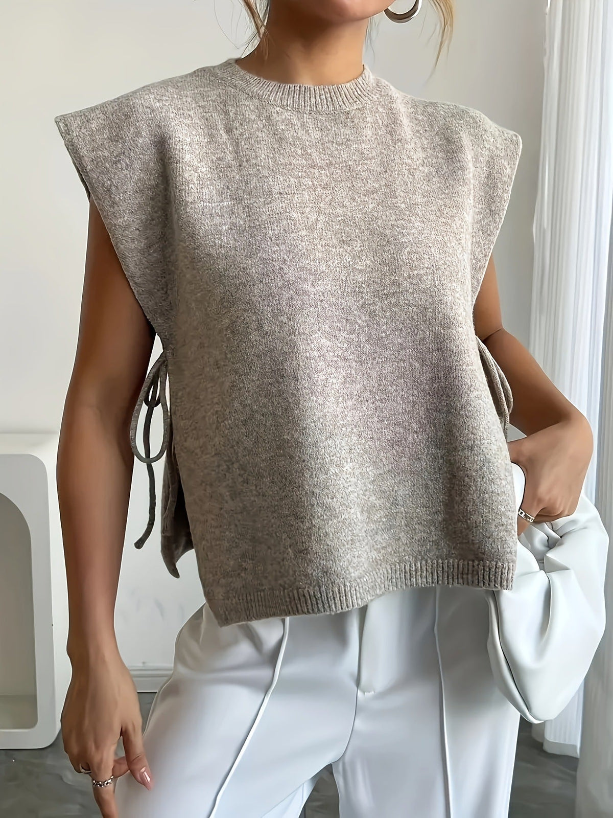 Beige Ribbed Cropped Tank Top with Side Tie