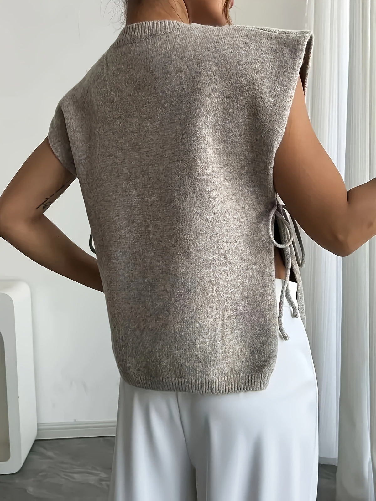 Beige Ribbed Cropped Tank Top with Side Tie