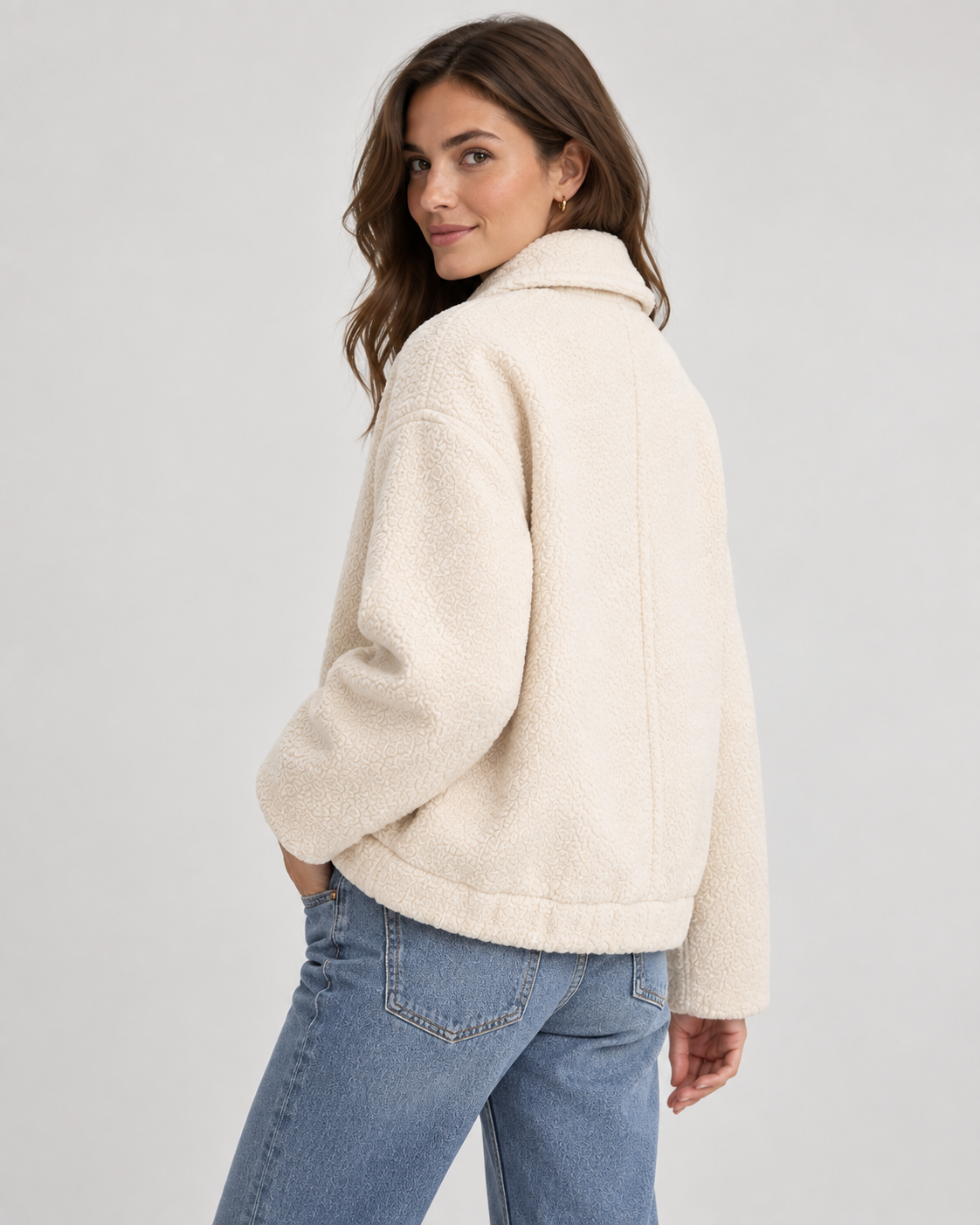 Beige Teddy Fleece Oversized Jacket with Pockets