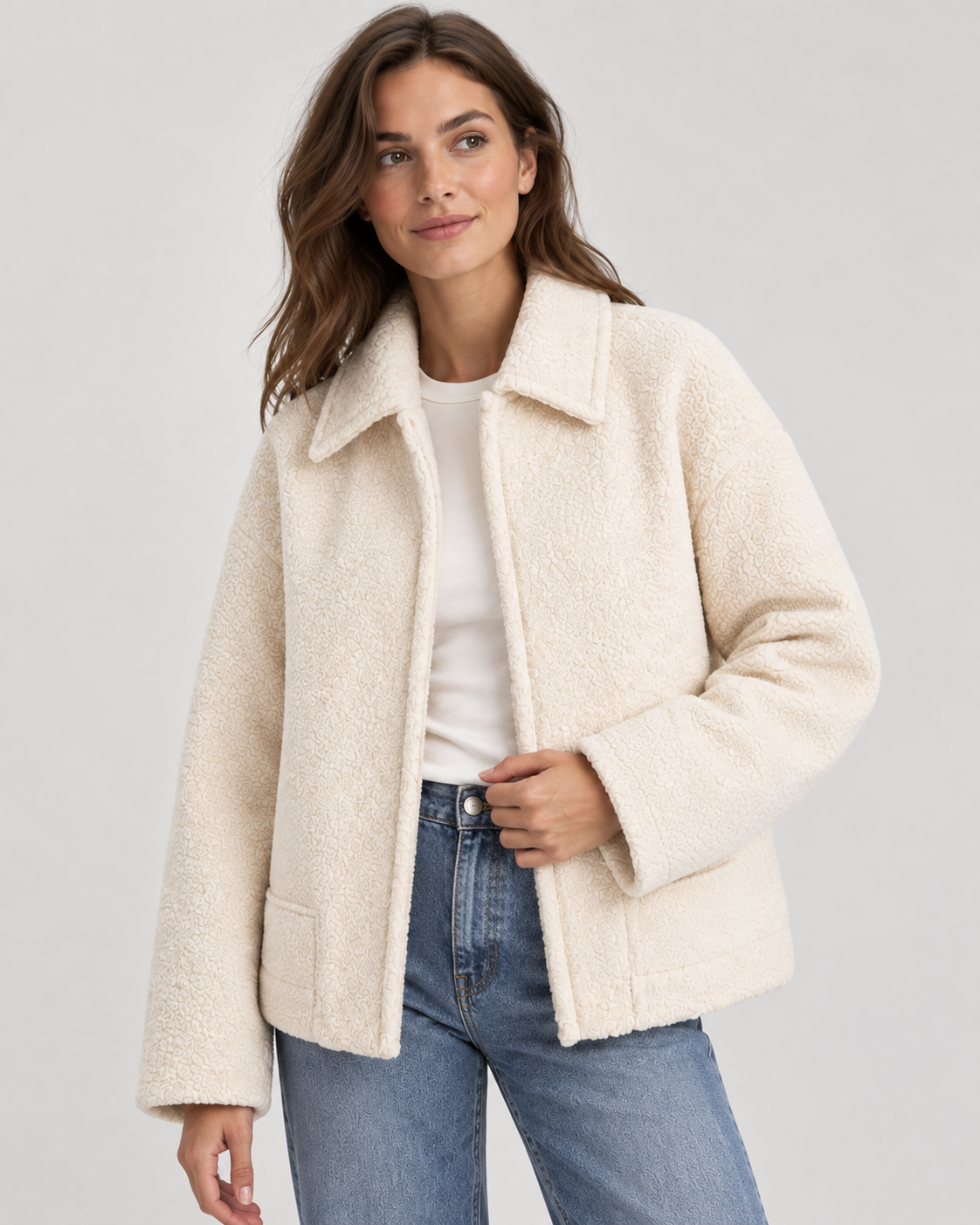 Beige Teddy Fleece Oversized Jacket with Pockets
