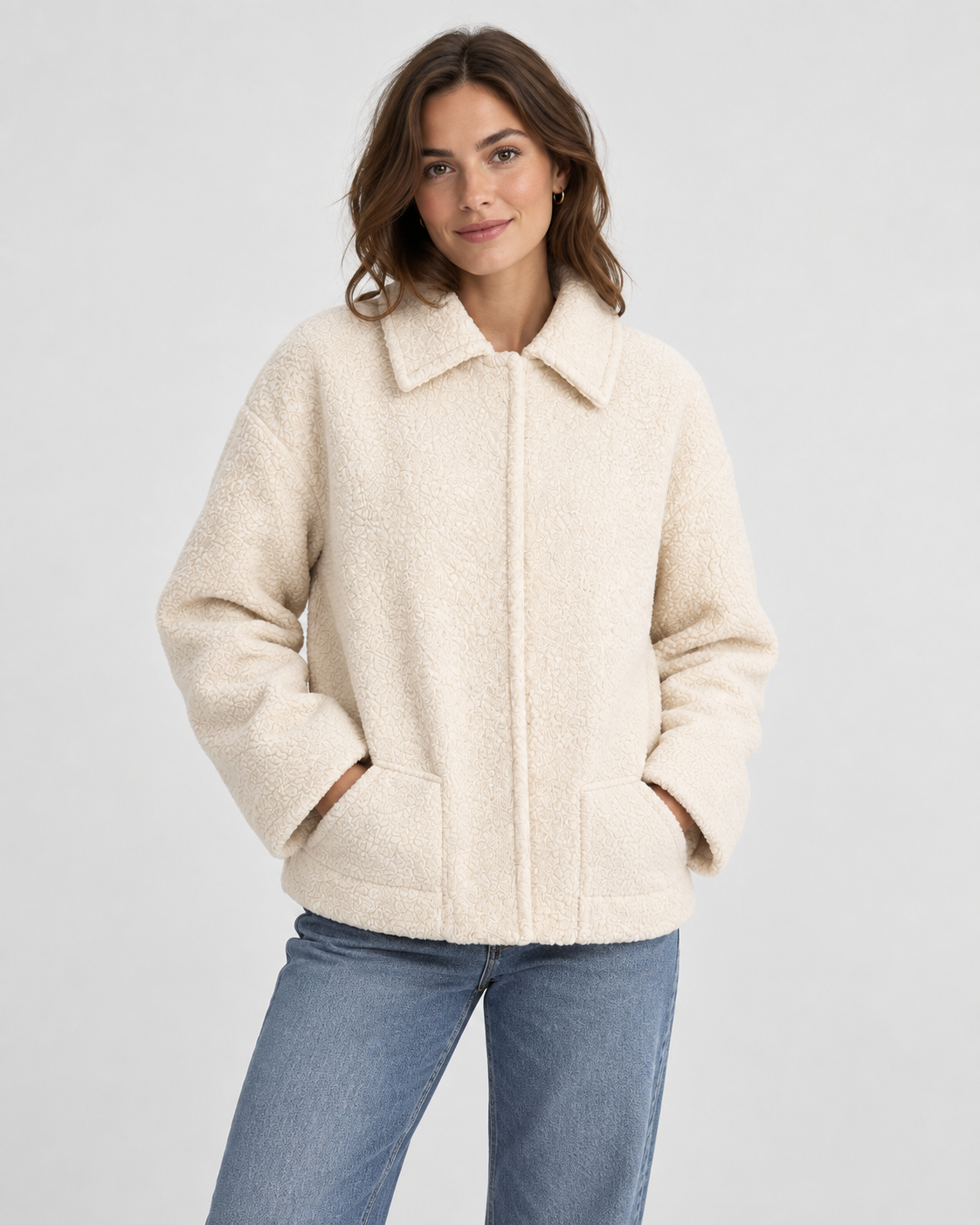 Beige Teddy Fleece Oversized Jacket with Pockets
