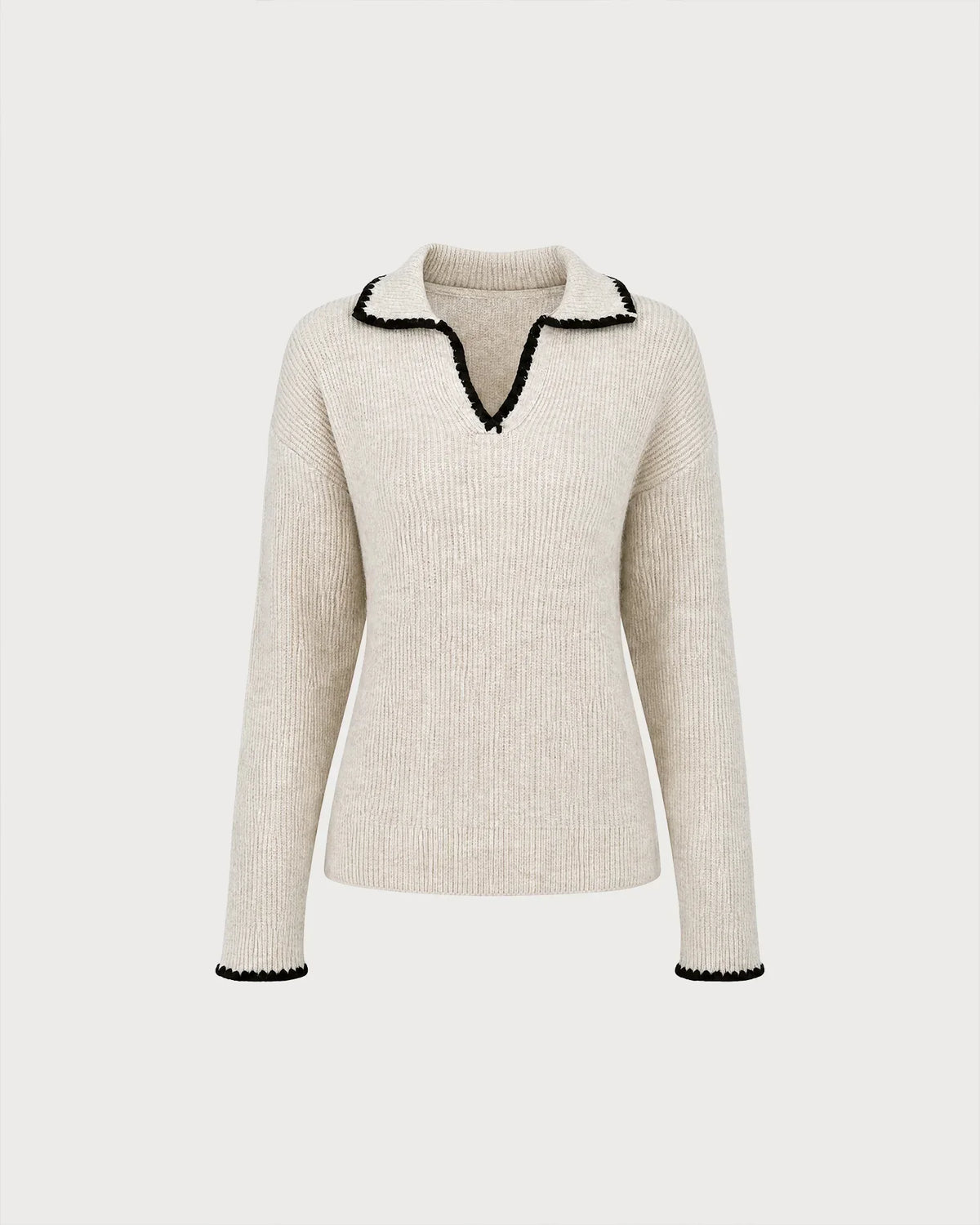 Beige Textured Knit Sweater with Contrast Trim