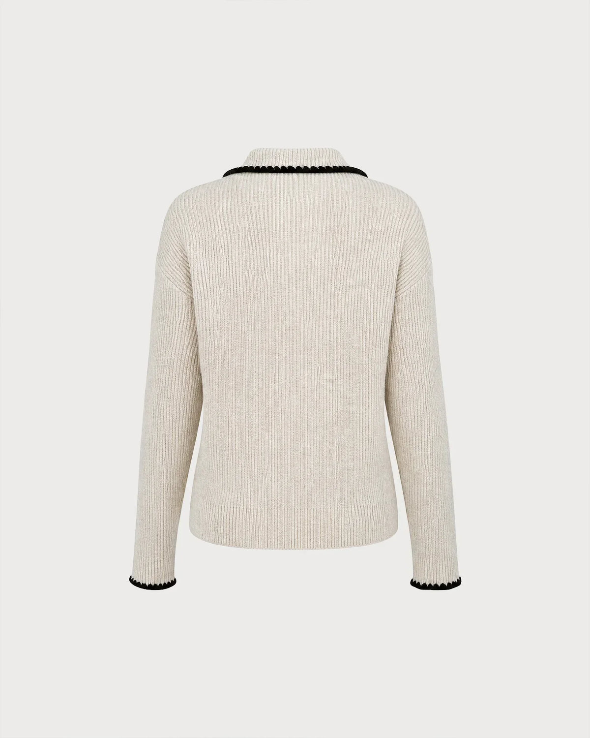 Beige Textured Knit Sweater with Contrast Trim