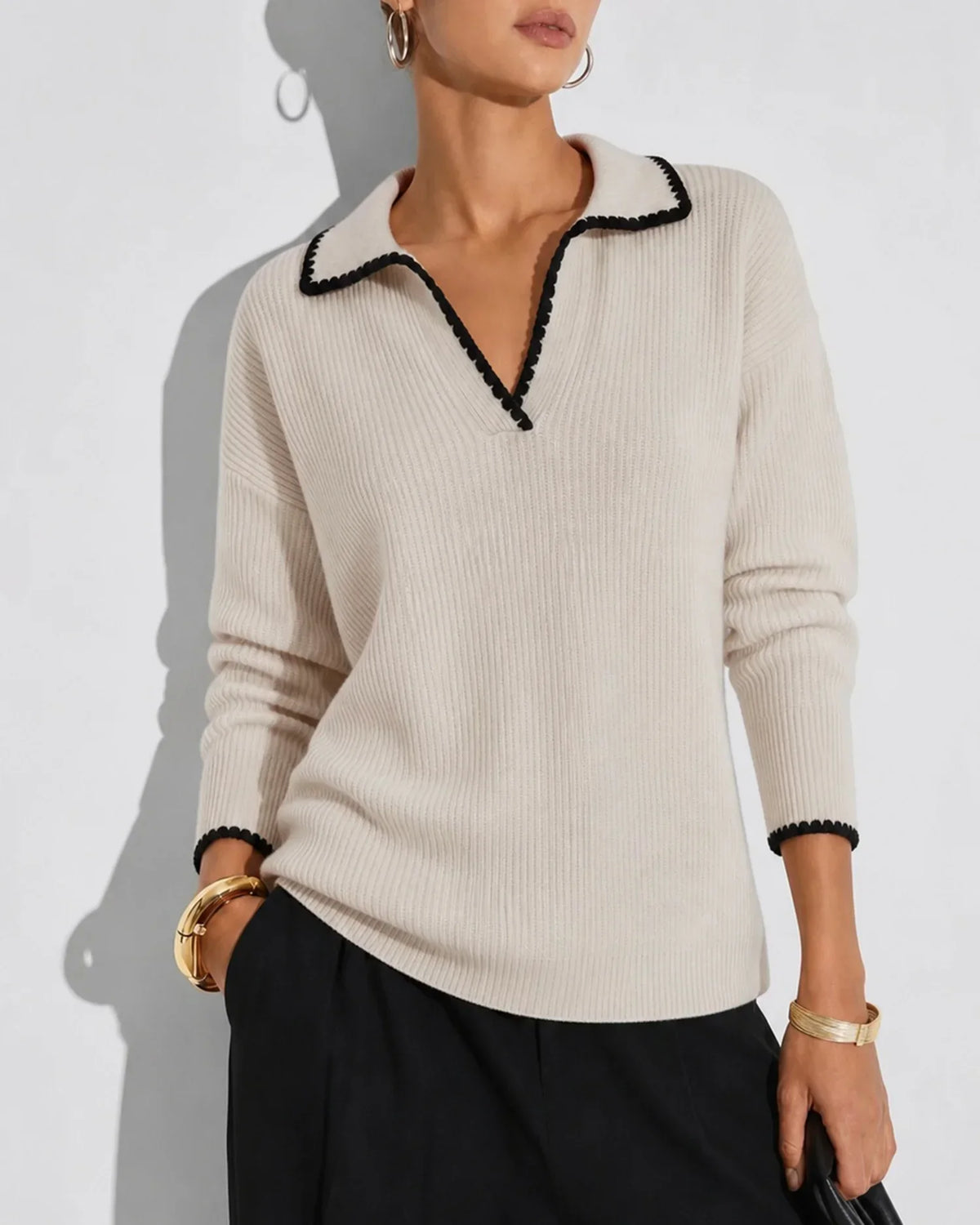 Beige Textured Knit Sweater with Contrast Trim