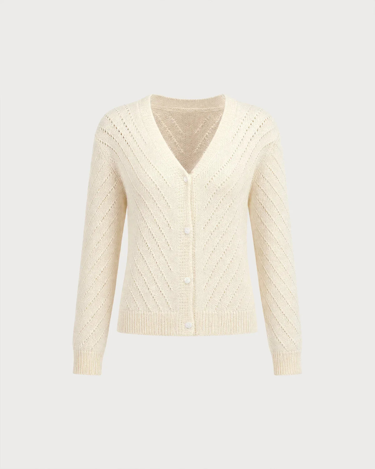 Beige Textured V-Neck Button Front Knit Cardigan